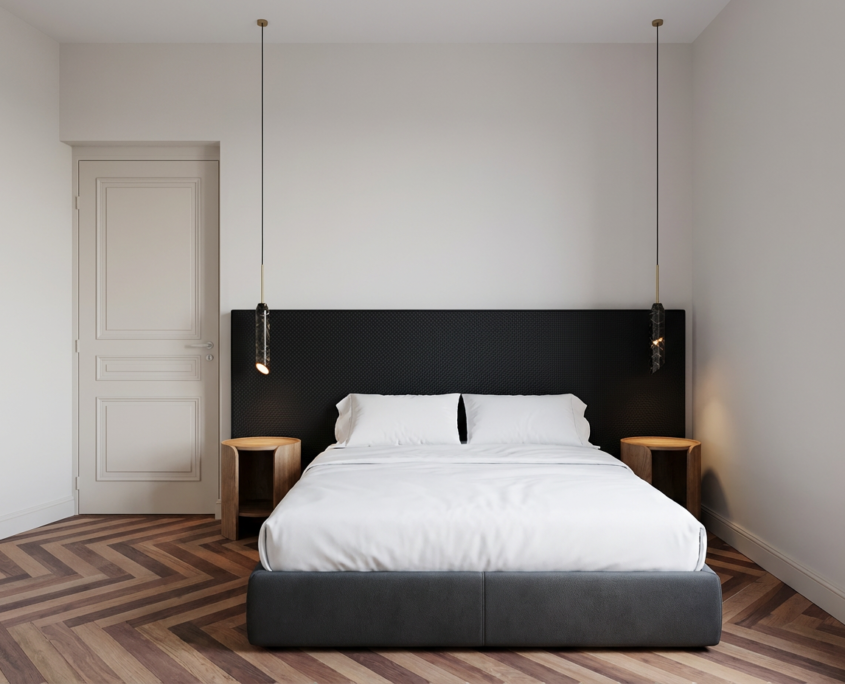 chambre-essentielle-tete-de-lit-cuir-tresse-parquet-point-de-hongrie-hotel-villa-kara-romans-sur-isere