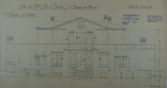 Plan original de la façade par l'architecte Henri Joulie, daté de 1930 — Histoire de La Villa Kara, Romans-sur-Isère